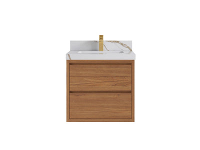 Madison Floating Teak 24 in. W x 22 in. D Single Sink Bathroom Vanity in Dark Natural with 2 in Calacatta Gold Quartz Countertop