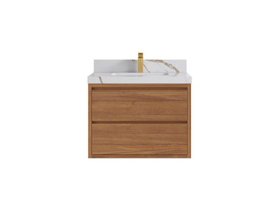 Madison Floating Teak 30 in. W x 22 in. D Single Sink Bathroom Vanity in Dark Natural with 2 in Calacatta Gold Quartz Countertop