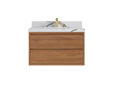 Madison Floating Teak 36 in. W x 22 in. D Single Sink Bathroom Vanity in Dark Natural with 2 in Calacatta Gold Quartz Countertop