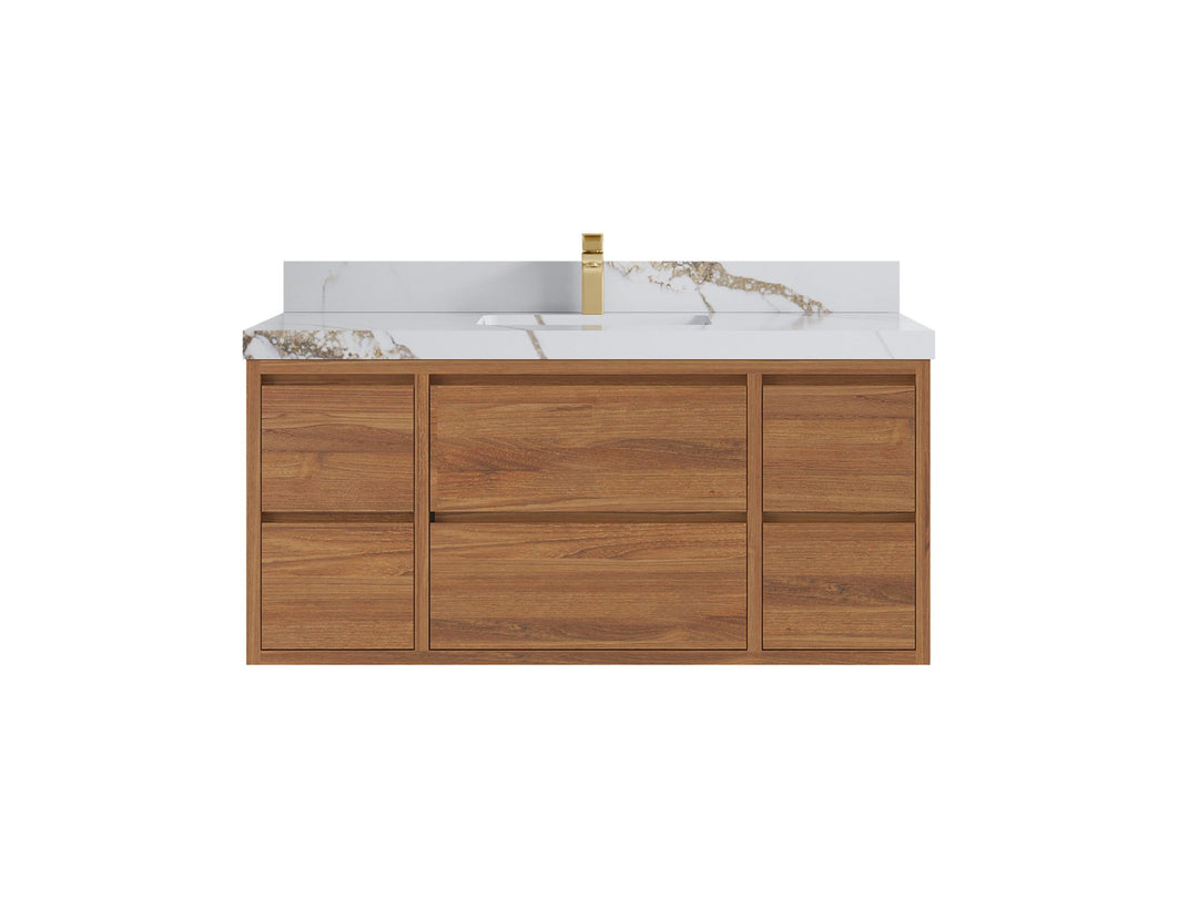 Madison Floating Teak 48 in. W x 22 in. D Single Sink Bathroom Vanity in Dark Natural with 2 in Calacatta Gold Quartz Countertop