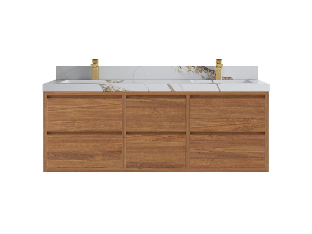 Madison Floating Teak 60 in. W x 22 in. D Double Sink Bathroom Vanity in Dark Natural with 2 in Calacatta Gold Quartz Countertop