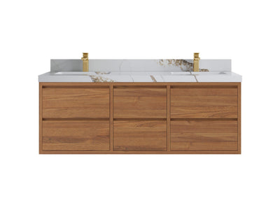 Madison Floating Teak 60 in. W x 22 in. D Double Sink Bathroom Vanity in Dark Natural with 2 in Calacatta Gold Quartz Countertop