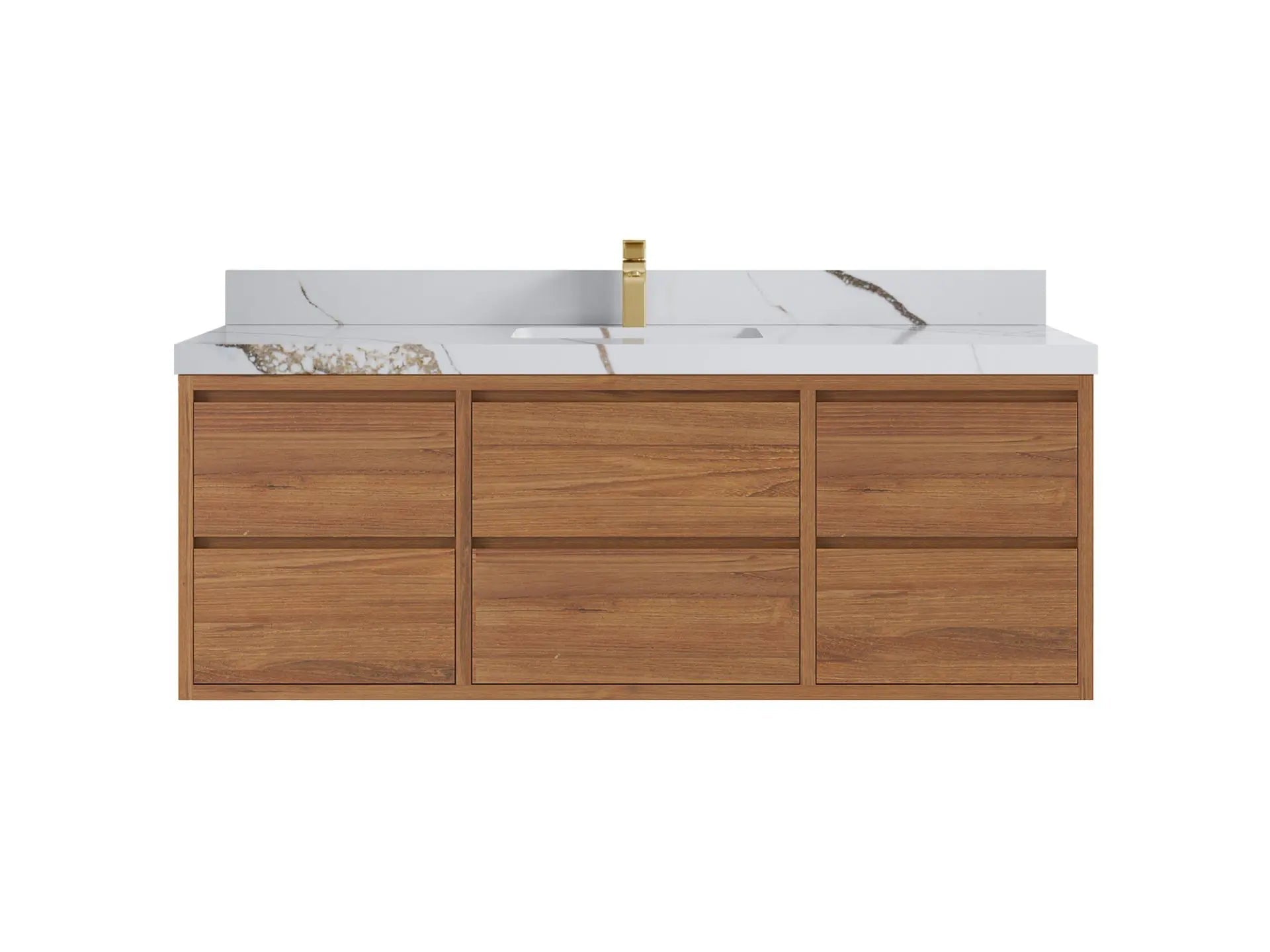 Madison Floating Teak 60 in. W x 22 in. D Single Sink Bathroom Vanity in Dark Natural with 2 in Calacatta Gold Quartz Countertop