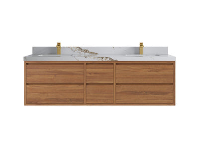 Madison Floating Teak 72 in. W x 22 in. D Double Sink Bathroom Vanity in Dark Natural with 2 in Calacatta Gold Quartz Countertop