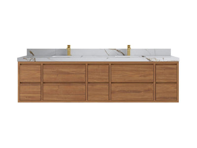 Madison Floating Teak 84 in. W x 22 in. D Double Sink Bathroom Vanity in Dark Natural with 2 in Calacatta Gold Quartz Countertop