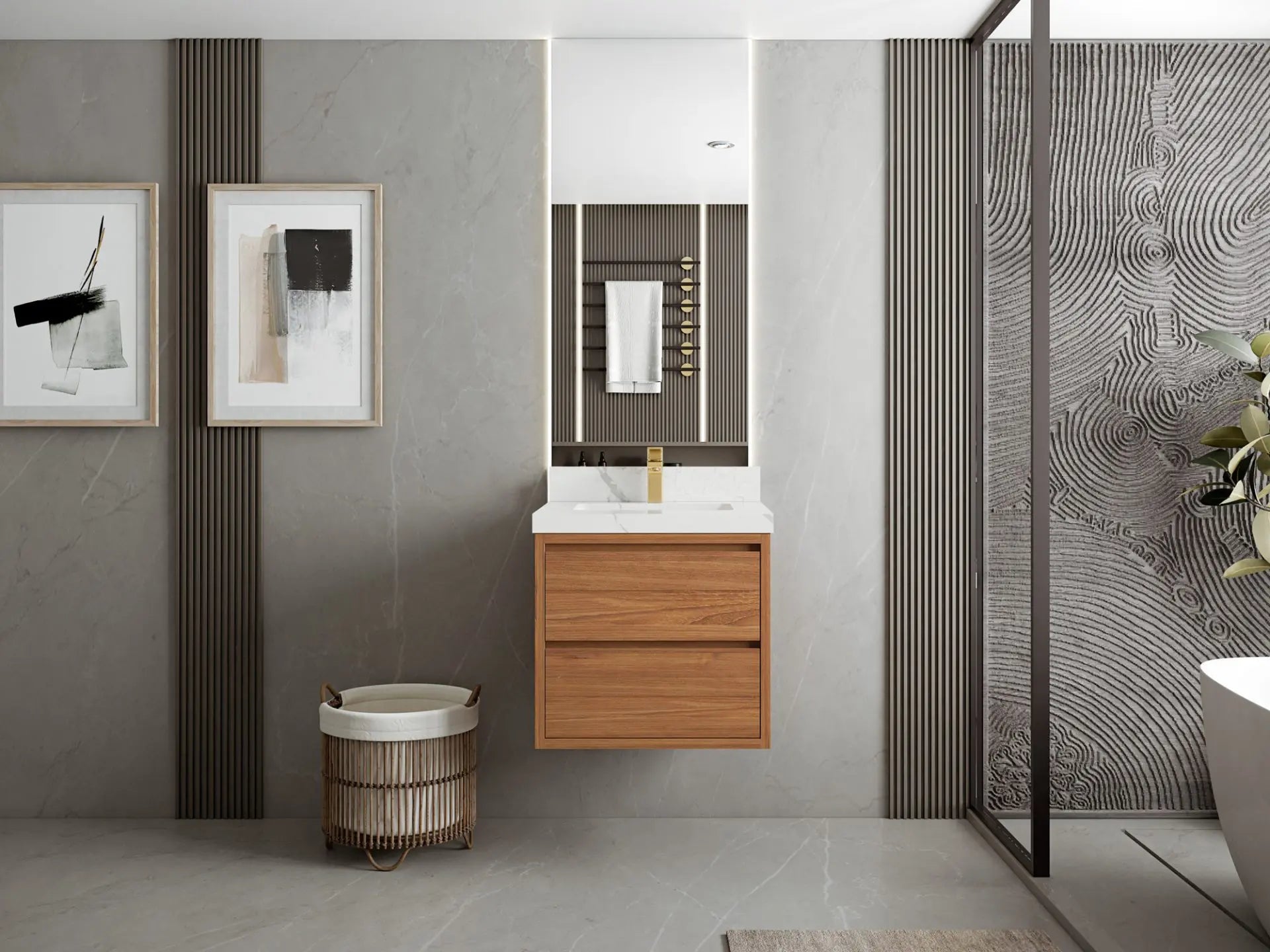 Madison Floating Teak 24-inch bathroom vanity in Dark Natural Teak with Calacatta Laza Quartz countertop, full view
