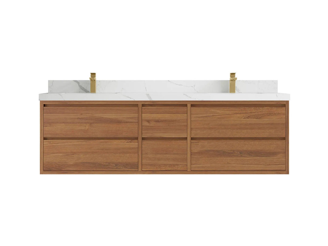 Madison Floating Teak 72 in. W x 22 in. D Double Sink Bathroom Vanity in Dark Natural with 2 in Calacatta Laza Quartz Countertop