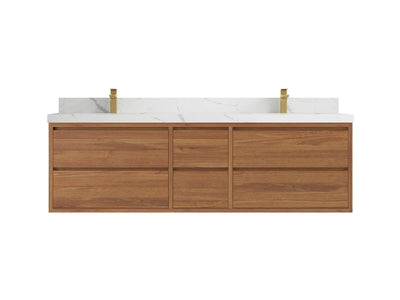 Madison Floating Teak 72 in. W x 22 in. D Double Sink Bathroom Vanity in Dark Natural with 2 in Calacatta Laza Quartz Countertop