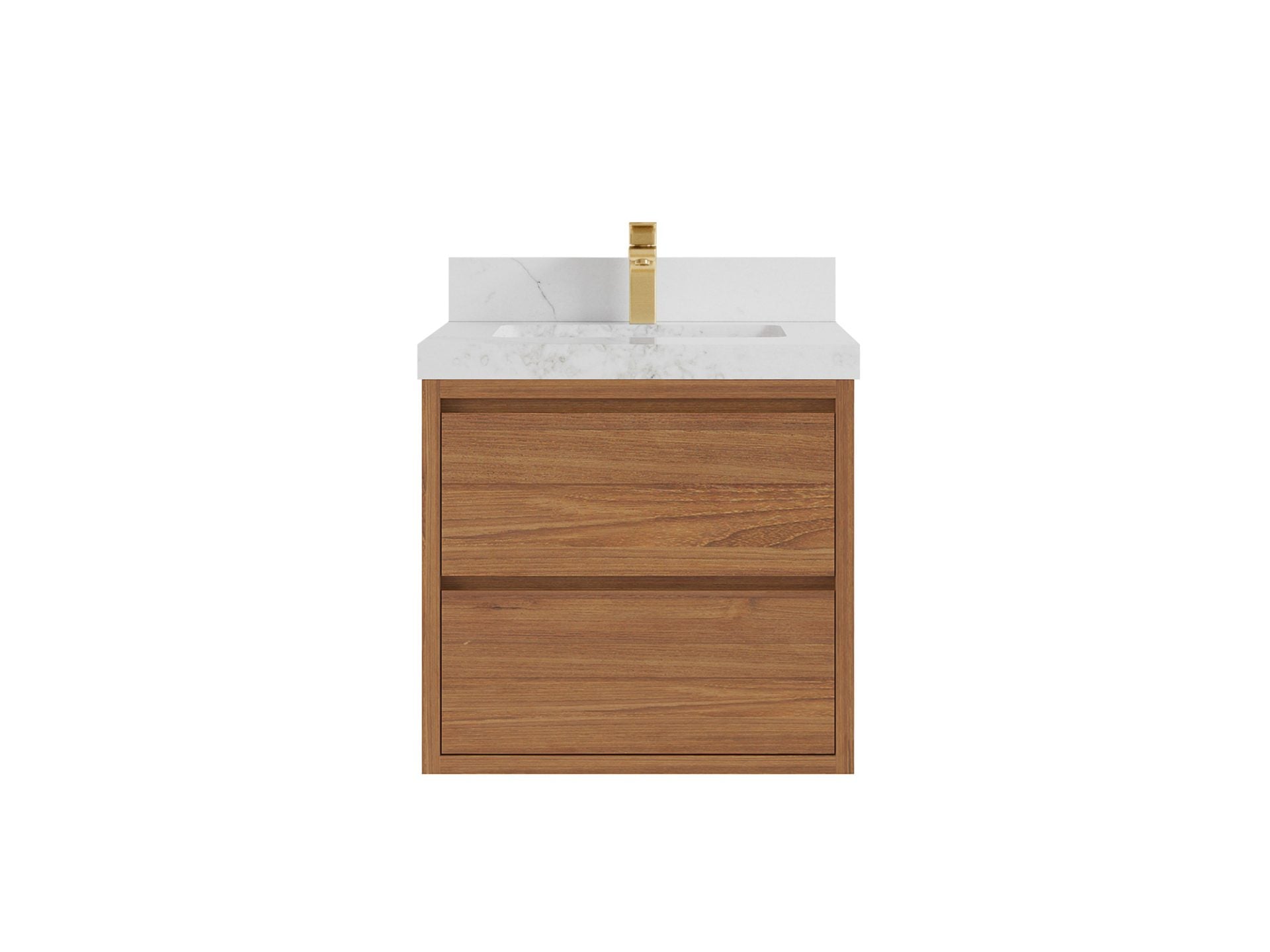 Madison Floating Teak 24 in. W x 22 in. D Single Sink Bathroom Vanity in Dark Natural with 2 in Calacatta Nuvo Quartz Countertop