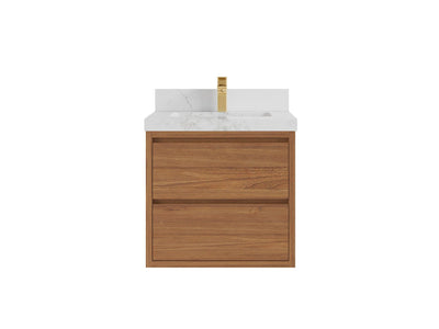 Madison Floating Teak 24 in. W x 22 in. D Single Sink Bathroom Vanity in Dark Natural with 2 in Calacatta Nuvo Quartz Countertop