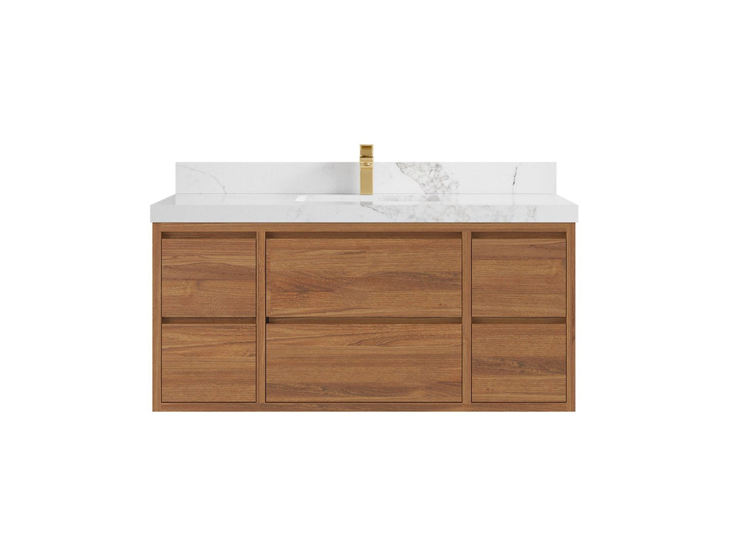 Madison Floating Teak 48 in. W x 22 in. D Single Sink Bathroom Vanity in Dark Natural with 2 in Calacatta Nuvo Quartz Countertop 