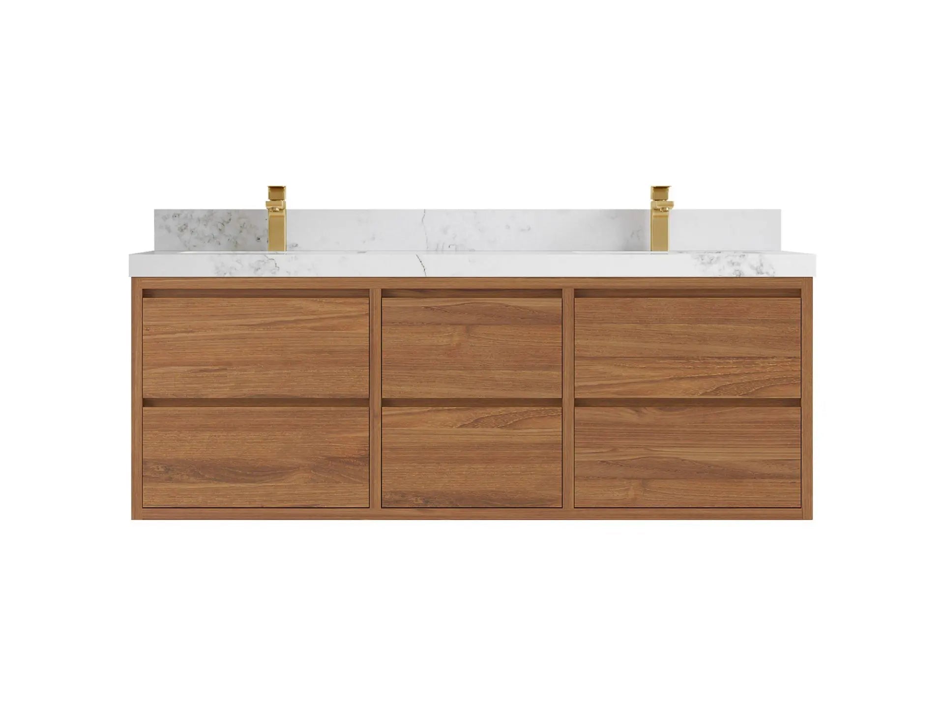 Madison Floating Teak 60 in. W x 22 in. D Double Sink Bathroom Vanity in Dark Natural with 2 in Calacatta Nuvo Quartz Countertop