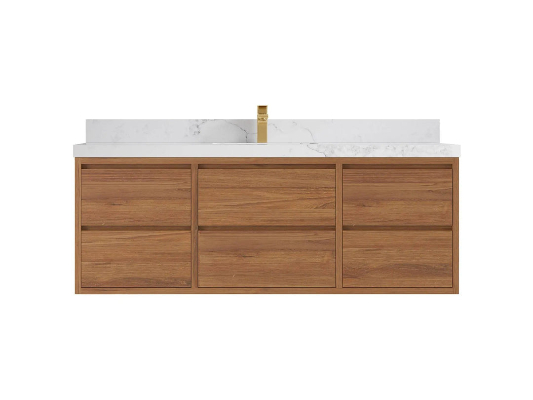 Madison Floating Teak 60 in. W x 22 in. D Single Sink Bathroom Vanity in Dark Natural with 2 in Calacatta Nuvo Quartz Countertop 
