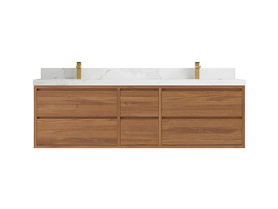 Madison Floating Teak 72 in. W x 22 in. D Double Sink Bathroom Vanity in Dark Natural with 2 in Calacatta Nuvo Quartz Countertop