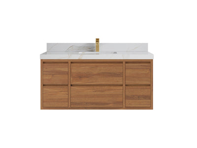Madison Floating Teak 48 in. W x 22 in. D Single Sink Bathroom Vanity in Dark Natural with 2 in Calacatta Sienna Quartz Countertop