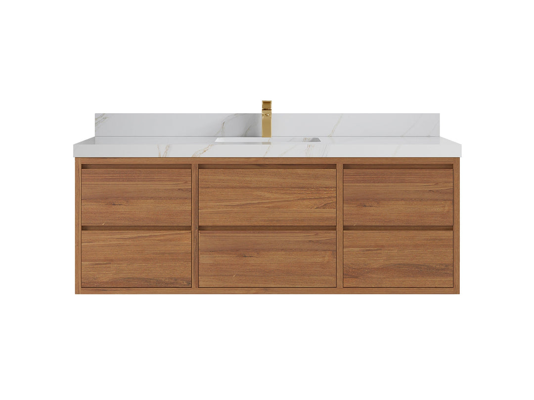 Madison Floating Teak 60 in. W x 22 in. D Single Sink Bathroom Vanity in Dark Natural with 2 in Calacatta Sienna Quartz Countertop