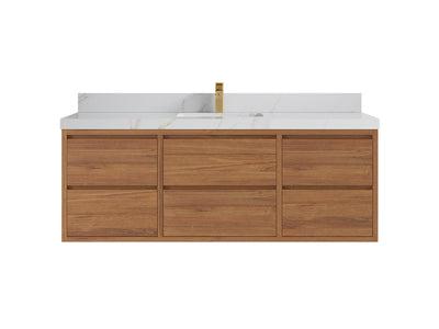 Madison Floating Teak 60 in. W x 22 in. D Single Sink Bathroom Vanity in Dark Natural with 2 in Calacatta Sienna Quartz Countertop
