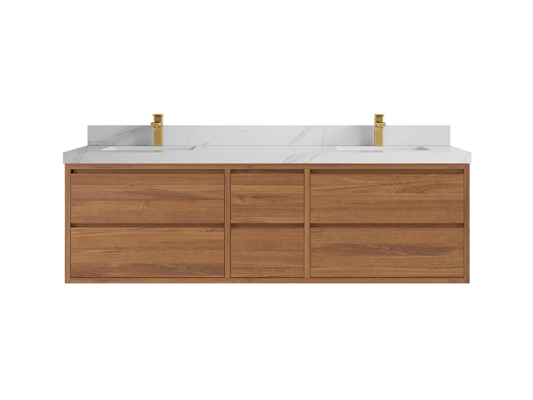 Madison Floating Teak 72 in. W x 22 in. D Double Sink Bathroom Vanity in Dark Natural with 2 in Calacatta Sienna Quartz Countertop
