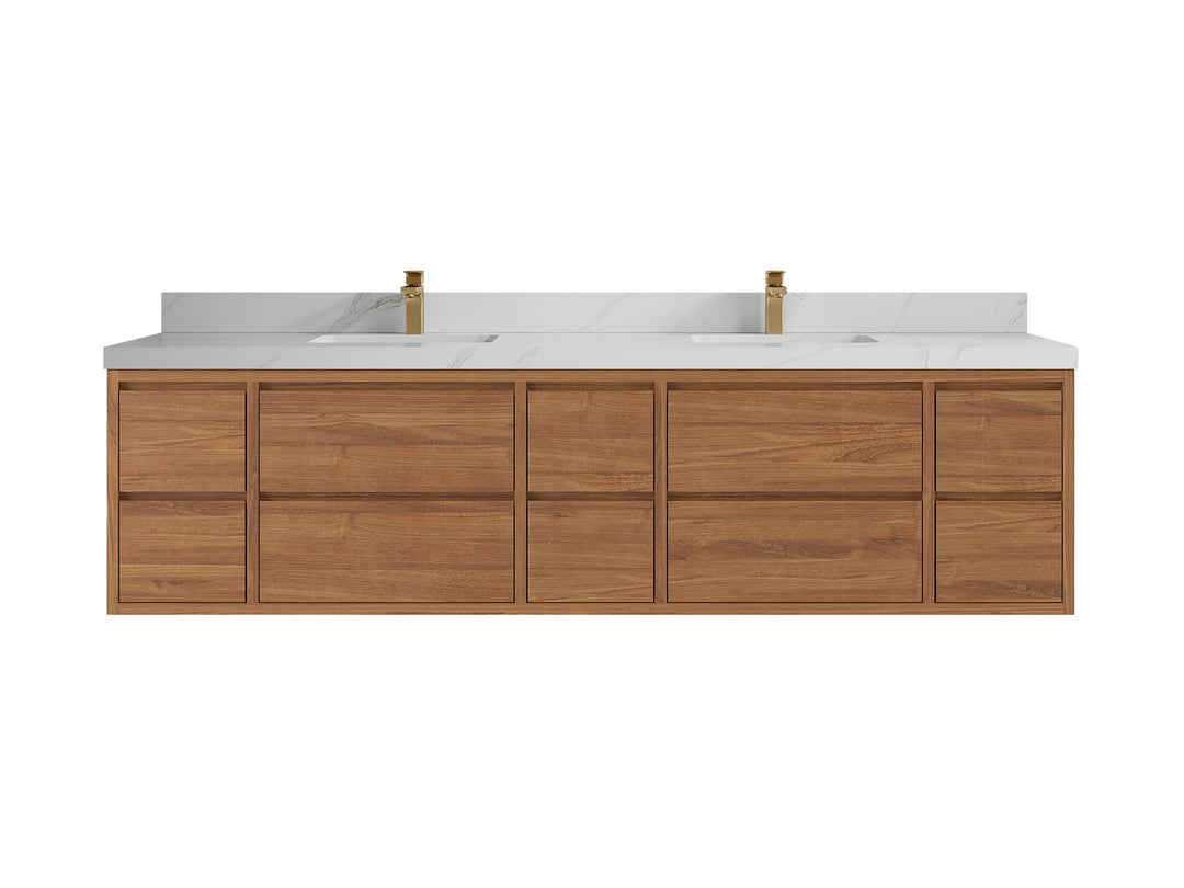 Madison Floating Teak 84 in. W x 22 in. D Double Sink Bathroom Vanity in Dark Natural with 2 in Calacatta Sienna Quartz Countertop