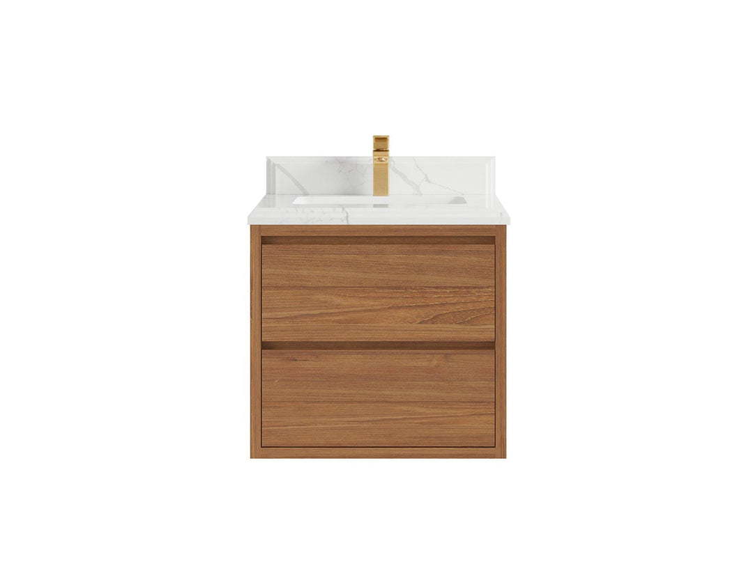 Madison Floating Teak 24 in. W x 22 in. D Single Sink Bathroom Vanity in Dark Natural with 1.5 in Calacatta Laza Quartz Countertop
