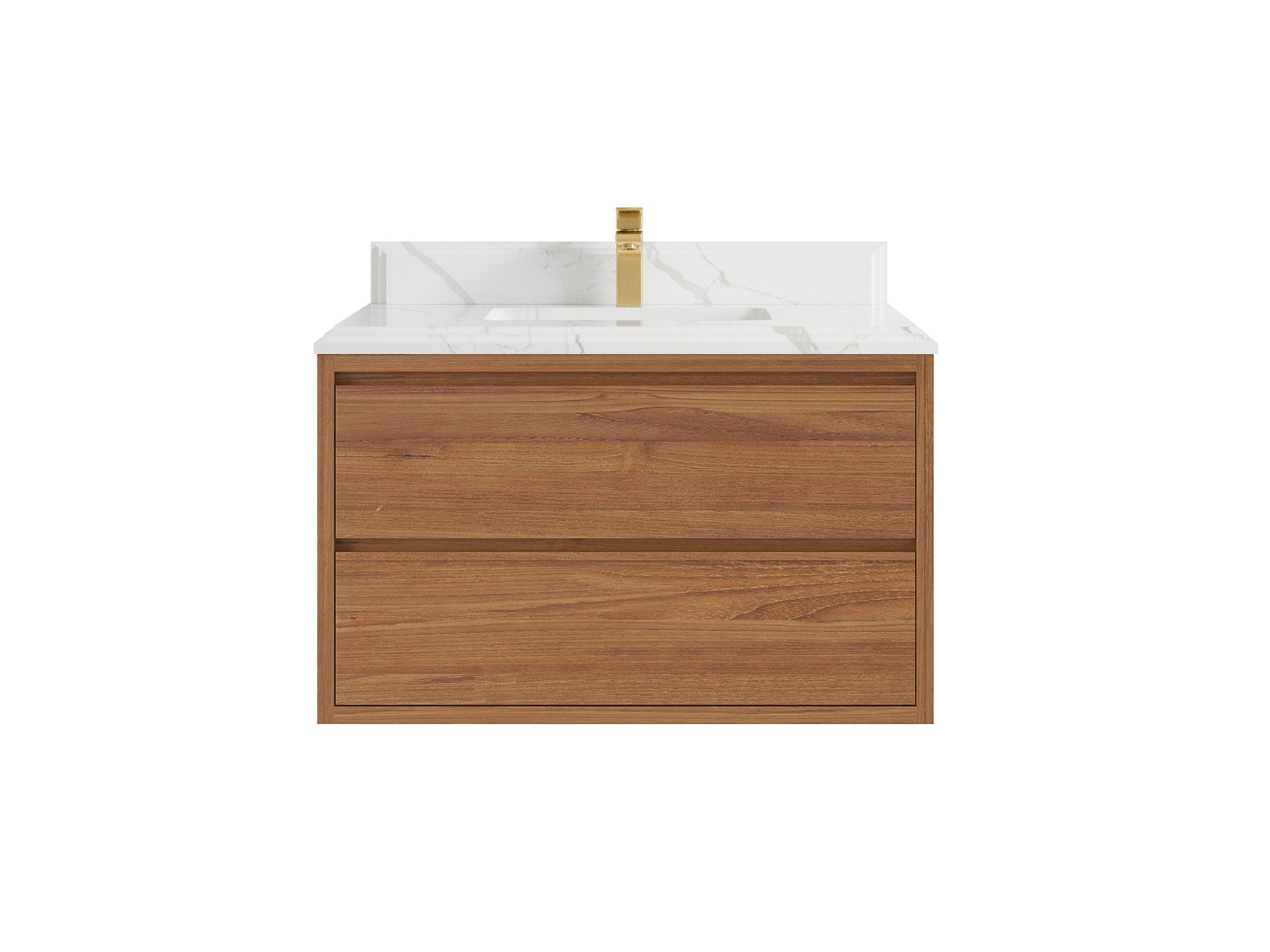 Madison Floating Teak 36 in. W x 22 in. D Single Sink Bathroom Vanity in Dark Natural with 1.5 in Calacatta Laza Quartz Countertop