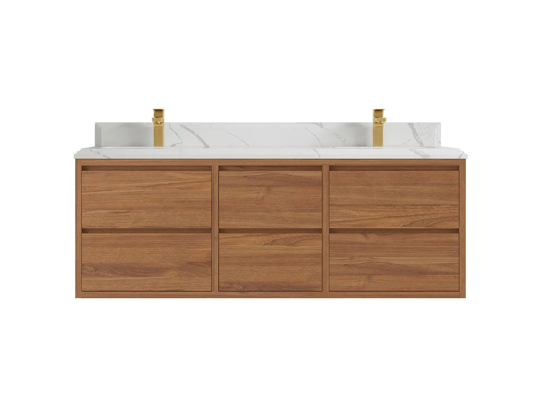 Madison Floating Teak 60 in. W x 22 in. D Double Sink Bathroom Vanity in Dark Natural with 1.5 in Calacatta Laza Quartz Countertop
