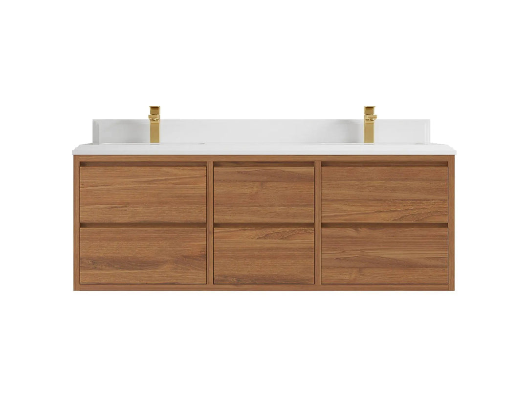 Madison Floating Teak 60 in. W x 22 in. D Double Sink Bathroom Vanity in Dark Natural with 1.5 in White Quartz Countertop
