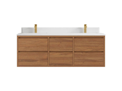 Madison Floating Teak 60 in. W x 22 in. D Double Sink Bathroom Vanity in Dark Natural with 1.5 in White Quartz Countertop