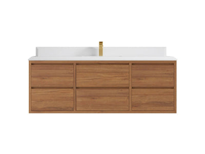 Madison Floating Teak 60 in. W x 22 in. D Single Sink Bathroom Vanity in Dark Natural with 1.5 in White Quartz Countertop