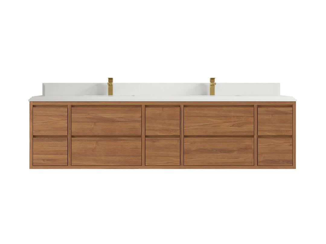 Madison Floating Teak 84 in. W x 22 in. D Double Sink Bathroom Vanity in Dark Natural with 1.5 in White Quartz Countertop