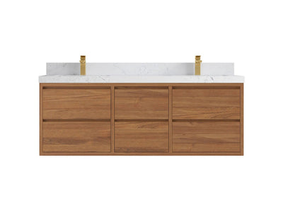 Madison Floating Teak 60 in. W x 22 in. D Double Sink Bathroom Vanity in Dark Natural with 2 in Empira White Quartz Countertop