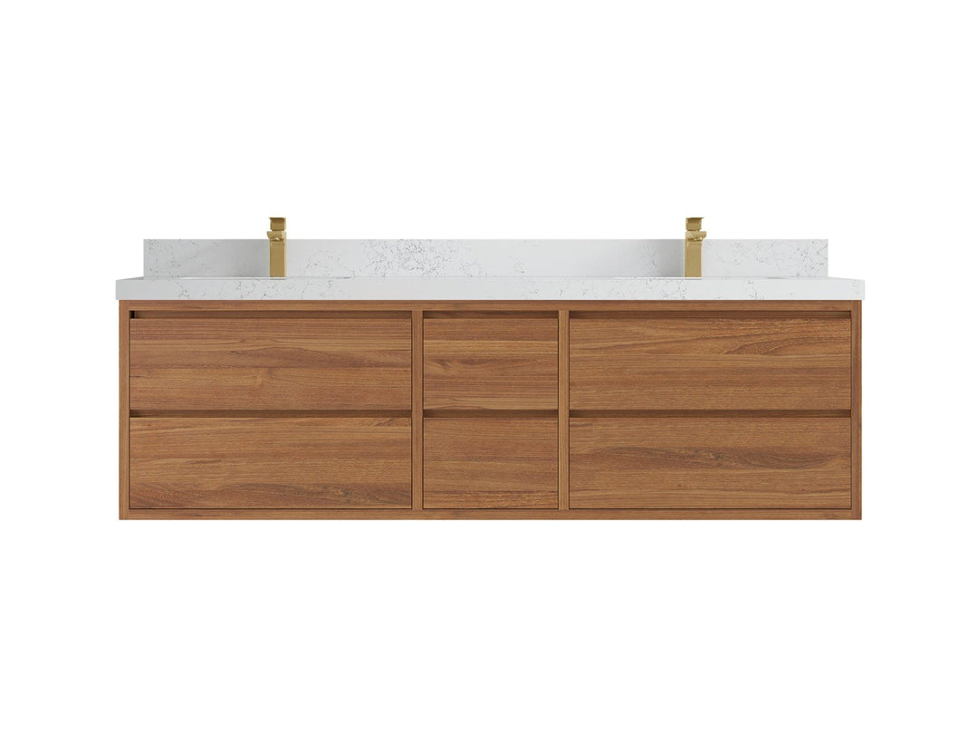 Madison Floating Teak 72 in. W x 22 in. D Double Sink Bathroom Vanity in Dark Natural with 2 in Empira White Quartz Countertop