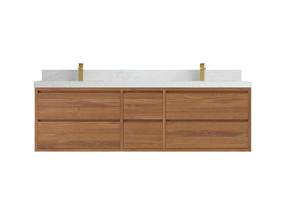 Madison Floating Teak 72 in. W x 22 in. D Double Sink Bathroom Vanity in Dark Natural with 2 in Empira White Quartz Countertop