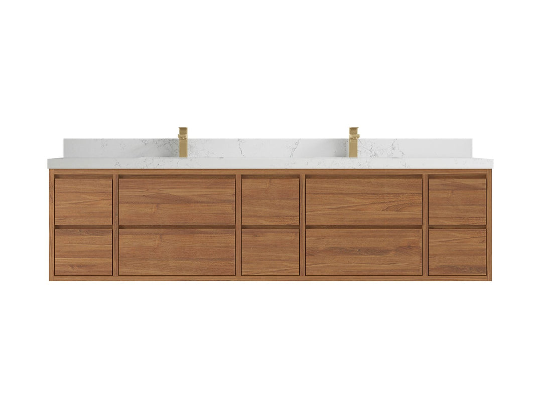 Madison Floating Teak 84 in. W x 22 in. D Double Sink Bathroom Vanity in Dark Natural with 2 in Empira White Quartz Countertop