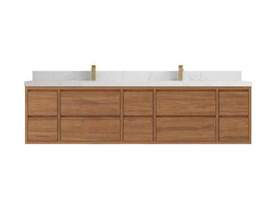 Madison Floating Teak 84 in. W x 22 in. D Double Sink Bathroom Vanity in Dark Natural with 2 in Empira White Quartz Countertop