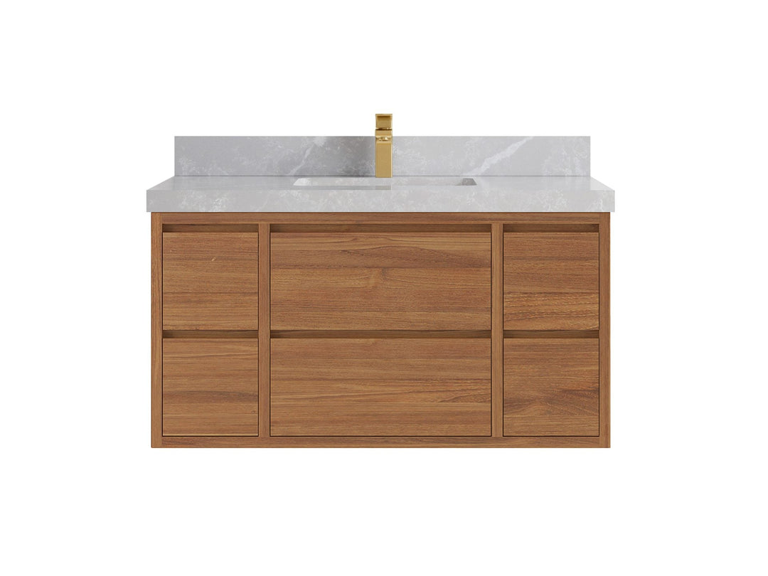 Madison Floating Teak 42 in. W x 22 in. D Single Sink Bathroom Vanity in Dark Natural with 2 in Pearl Light Gray Quartz Countertop 