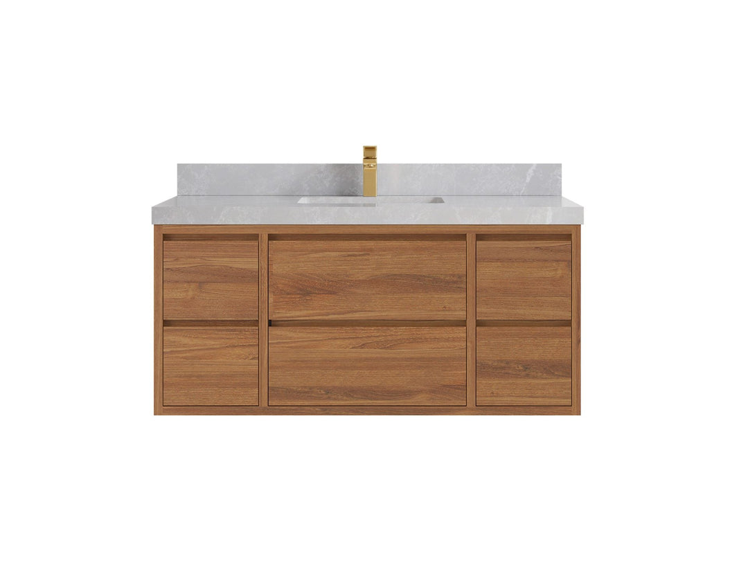 Madison Floating Teak 48 in. W x 22 in. D Single Sink Bathroom Vanity in Dark Natural with 2 in Pearl Light Gray Quartz Countertop 