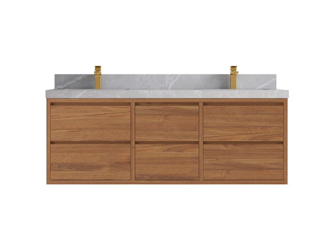Madison Floating Teak 60 in. W x 22 in. D Double Sink Bathroom Vanity in Dark Natural with 2 in Pearl Light Gray Quartz Countertop 