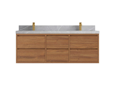 Madison Floating Teak 60 in. W x 22 in. D Double Sink Bathroom Vanity in Dark Natural with 2 in Pearl Light Gray Quartz Countertop