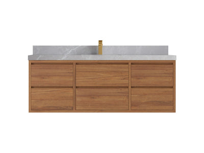 Madison Floating Teak 60 in. W x 22 in. D Single Sink Bathroom Vanity in Dark Natural with 2 in Pearl Light Gray Quartz Countertop