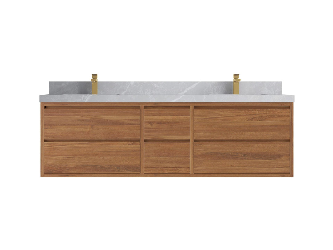 Madison Floating Teak 72 in. W x 22 in. D Double Sink Bathroom Vanity in Dark Natural with 2 in Pearl Light Gray Quartz Countertop 