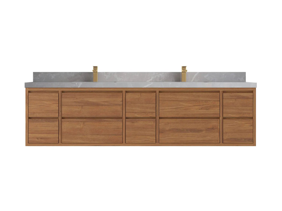 Madison Floating Teak 84 in. W x 22 in. D Double Sink Bathroom Vanity in Dark Natural with 2 in Pearl Light Gray Quartz Countertop 