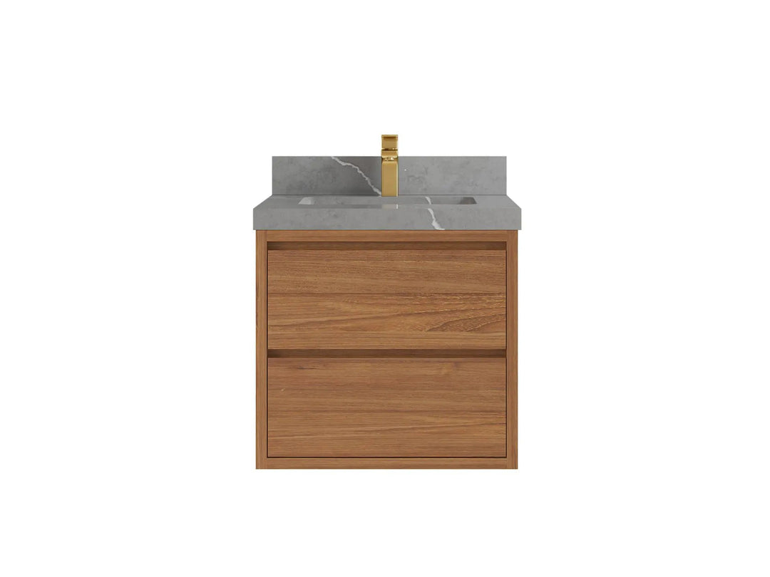 Madison Floating Teak 24 in. W x 22 in. D Single Sink Bathroom Vanity in Dark Natural with 2 in Piatra Gray Quartz Countertop