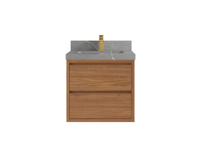 Madison Floating Teak 24 in. W x 22 in. D Single Sink Bathroom Vanity in Dark Natural with 2 in Piatra Gray Quartz Countertop