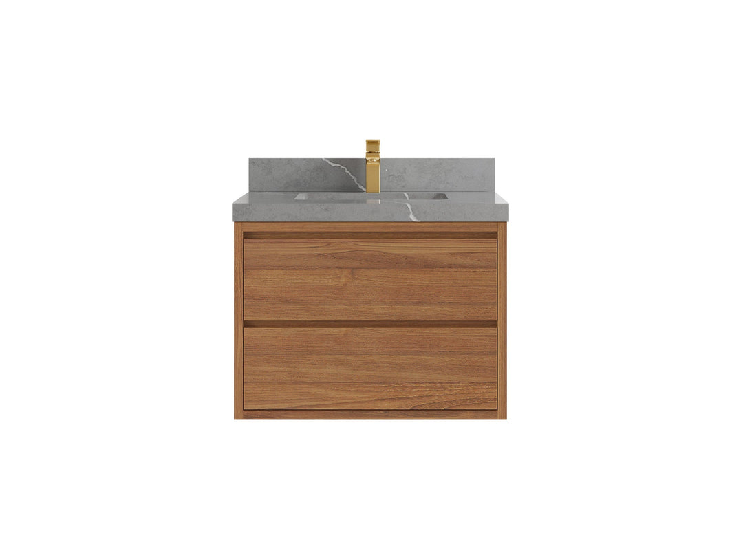 Madison Floating Teak 30 in. W x 22 in. D Single Sink Bathroom Vanity in Dark Natural with 2 in Piatra Gray Quartz Countertop