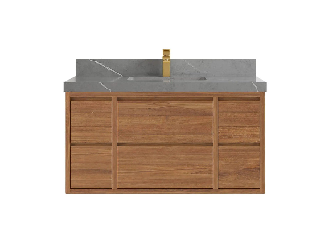 Madison Floating Teak 42 in. W x 22 in. D Single Sink Bathroom Vanity in Dark Natural with 2 in Piatra Gray Quartz Countertop
