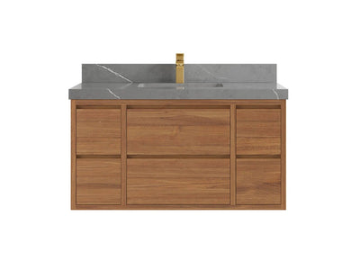 Madison Floating Teak 42 in. W x 22 in. D Single Sink Bathroom Vanity in Dark Natural with 2 in Piatra Gray Quartz Countertop