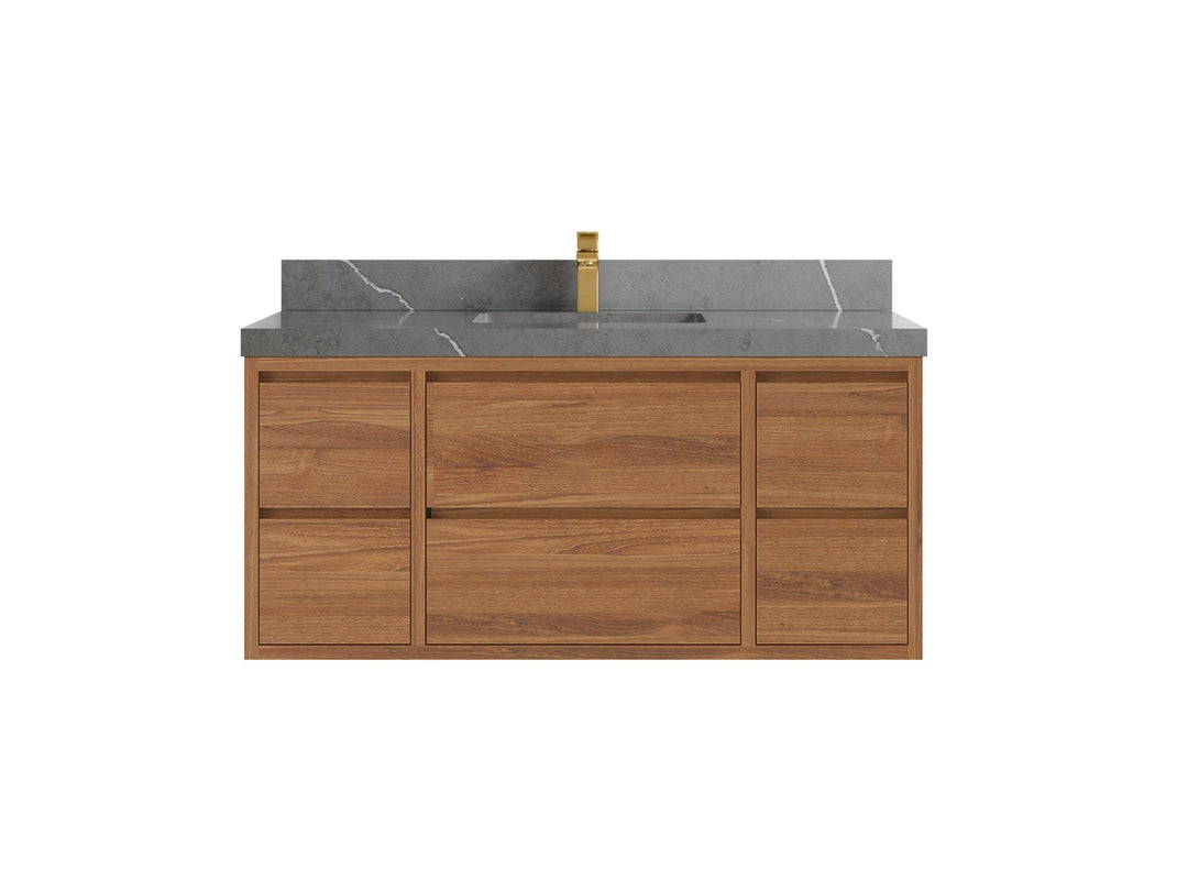 Madison Floating Teak 48 in. W x 22 in. D Single Sink Bathroom Vanity in Dark Natural with 2 in Piatra Gray Quartz Countertop