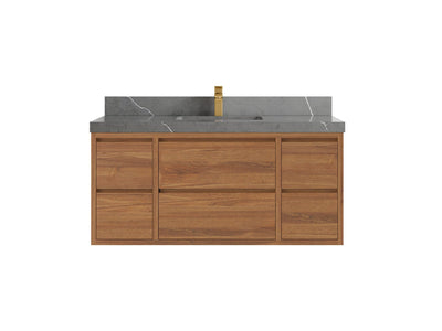 Madison Floating Teak 48 in. W x 22 in. D Single Sink Bathroom Vanity in Dark Natural with 2 in Piatra Gray Quartz Countertop