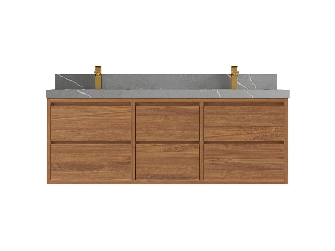 Madison Floating Teak 60 in. W x 22 in. D Double Sink Bathroom Vanity in Dark Natural with 2 in Piatra Gray Quartz Countertop